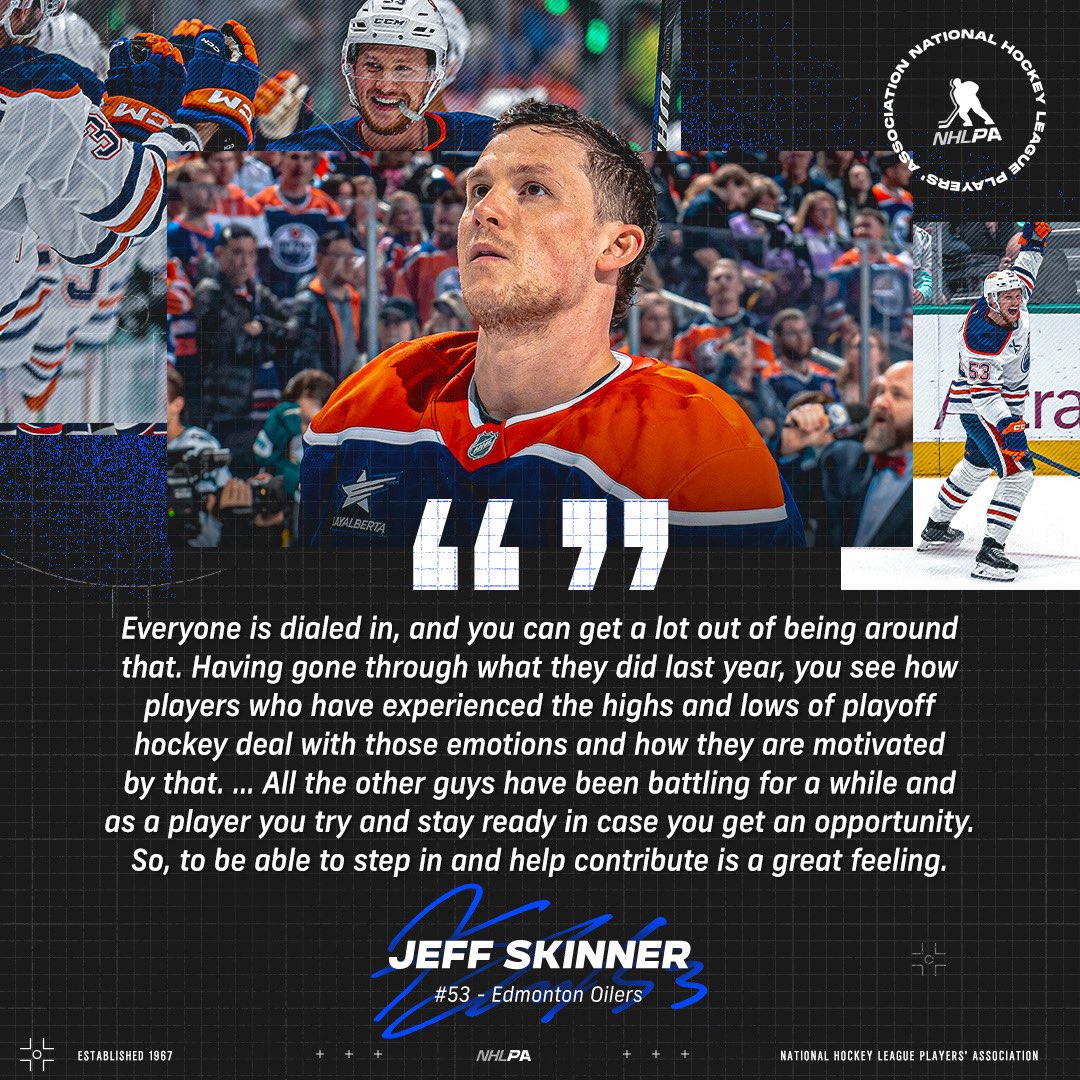NHLPA (@nhlpa) on Twitter photo Since making his NHL postseason debut in April, Jeff Skinner stayed ready.
Back in the <a href="/EdmontonOilers/">Edmonton Oilers</a> fold with his first #StanleyCup Playoff goal, the forward is ready for his first final alongside a motivated group of experienced teammates:
ply.rs/ajxmzoac01i Since making his NHL postseason debut in April, Jeff Skinner stayed ready.
Back in the <a href="/EdmontonOilers/">Edmonton Oilers</a> fold with his first #StanleyCup Playoff goal, the forward is ready for his first final alongside a motivated group of experienced teammates:
ply.rs/ajxmzoac01i