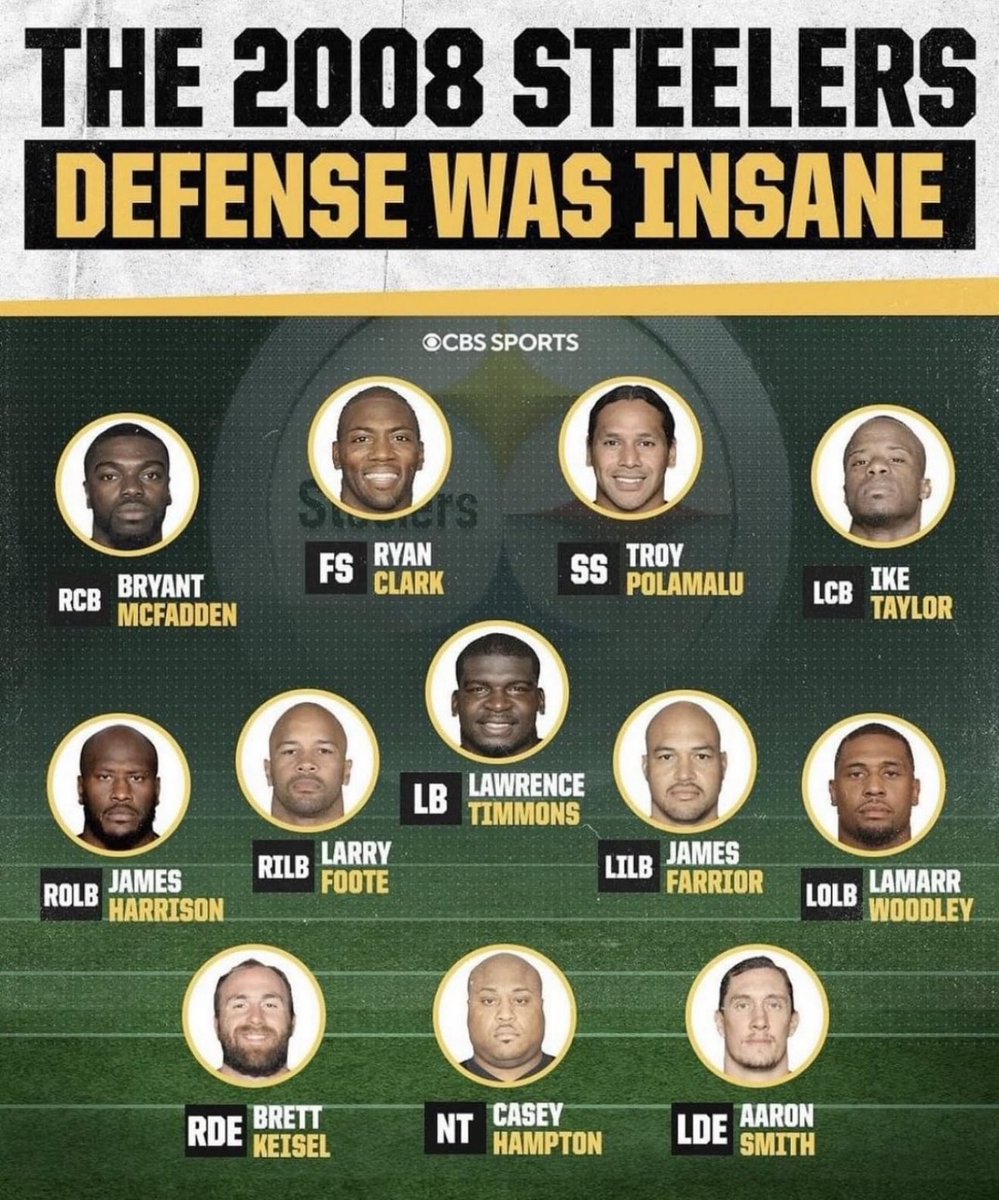 Are the 2008 Steelers the greatest defense of all time? 🤔

They were loaded.
Playmakers everywhere.
Hard hits. Big stops. Clutch moments.

A legendary unit 👀👀👀

#NFL #Steelers