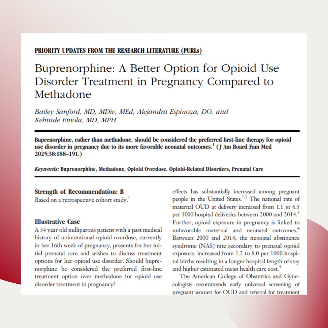Journal of the American Board of Family Medicine (@jamboardfammed) on Twitter photo Methadone has historically been the first-line treatment for opioid use disorder in pregnant patients due to increased treatment supervision & retention rate. Emerging evidence suggests that buprenorphine is  associated with better neonatal outcomes jabfm.org/content/38/1/1… Methadone has historically been the first-line treatment for opioid use disorder in pregnant patients due to increased treatment supervision & retention rate. Emerging evidence suggests that buprenorphine is  associated with better neonatal outcomes jabfm.org/content/38/1/1…