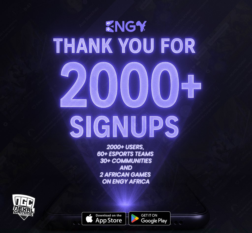 2,000+ SIGN-UPS STRONG! 🚀💥 Huge thanks to our amazing community for the incredible support! 🙏 And to the team behind the scenes, you've been phenomenal! 🤝 Let's keep leveling up and gaming together! 🎮💻 #engyafrica #nexagaming