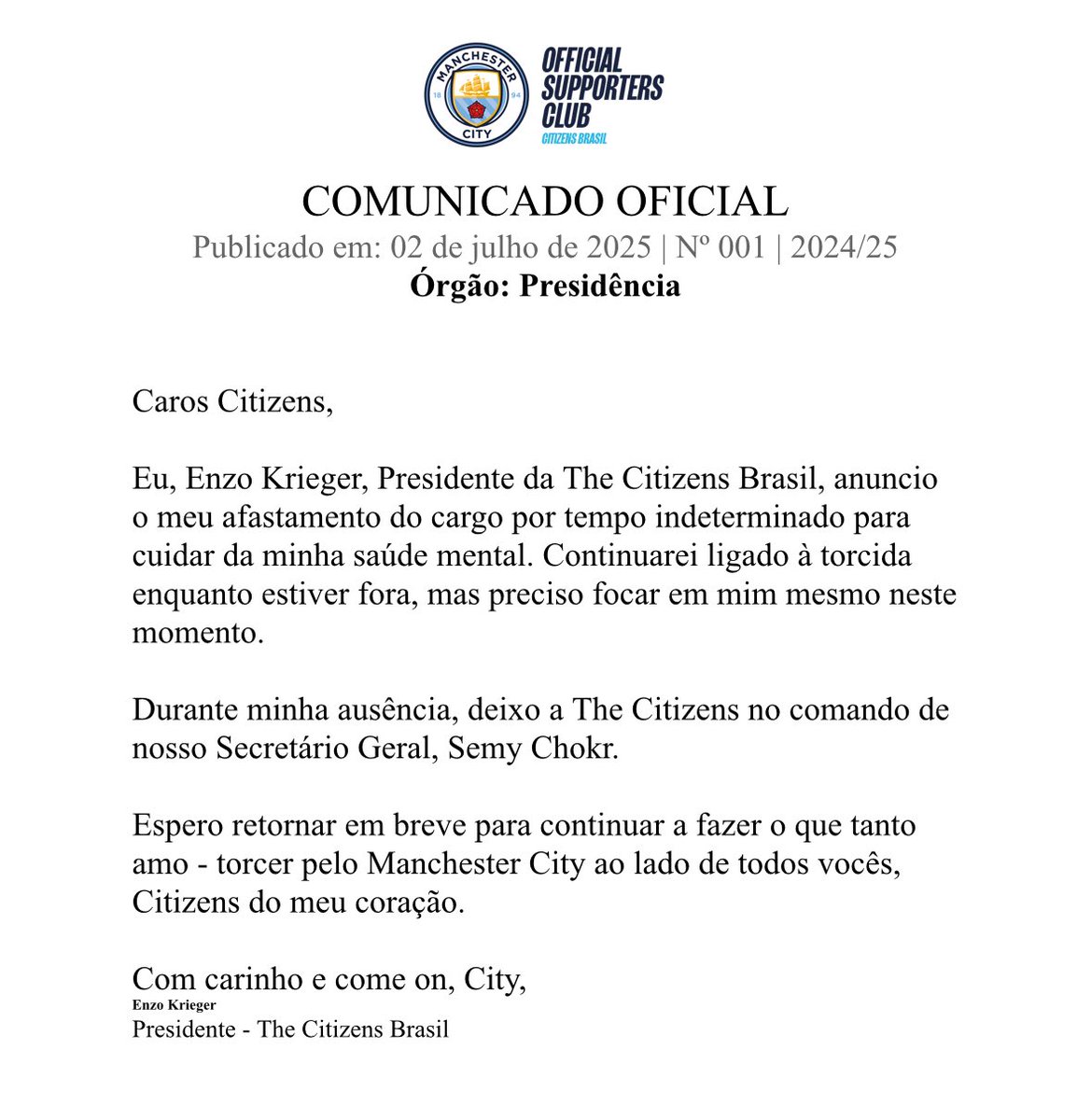Comunicado Oficial, 02 de julho de 2025.