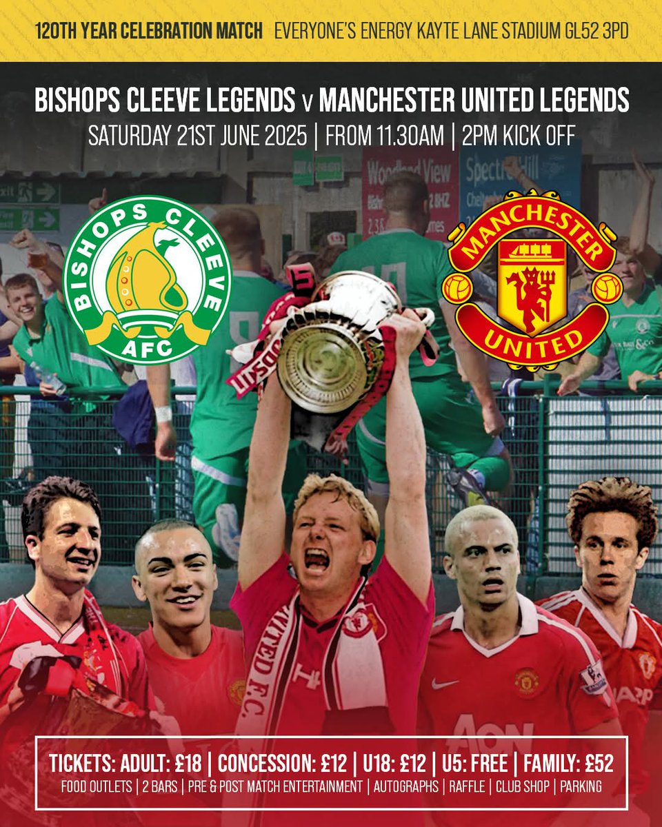 Bishops Cleeve FC (@bishopscleevefc) on Twitter photo Make sure to get your tickets early to avoid any disappointment...as we kick off our 120th year celebrations by welcoming Man United Legends to The Lane ๐พ๐ช
The Cleeve Legends start their training next week and are feeling semi-fit...but confident ๐ช๐ป
๐ bishopscleevefc.ktckts.com/brand/120th-yeโฆ Make sure to get your tickets early to avoid any disappointment...as we kick off our 120th year celebrations by welcoming Man United Legends to The Lane ๐พ๐ช
The Cleeve Legends start their training next week and are feeling semi-fit...but confident ๐ช๐ป
๐ bishopscleevefc.ktckts.com/brand/120th-yeโฆ
