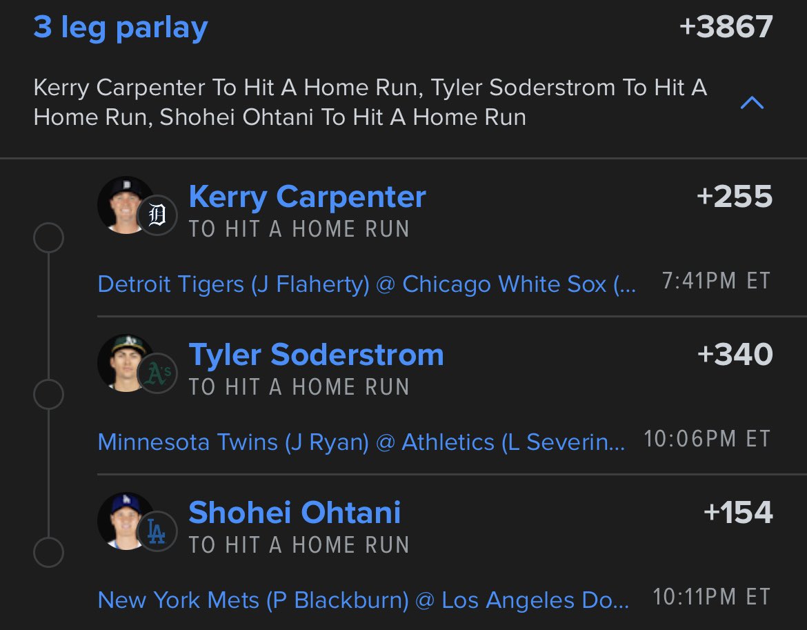 WeHitThose (@wehitthose__9) on Twitter photo Collab with the MAN <a href="/TheOddsFathers/">The OddsFather</a>
💥 Kerry Carpenter
💥 Shohei Ohtani
💥 Tyler Soderstrom
We cashed together last year when Ohtani closed it out for us, let’s hope history repeats itself! Collab with the MAN <a href="/TheOddsFathers/">The OddsFather</a>
💥 Kerry Carpenter
💥 Shohei Ohtani
💥 Tyler Soderstrom
We cashed together last year when Ohtani closed it out for us, let’s hope history repeats itself!