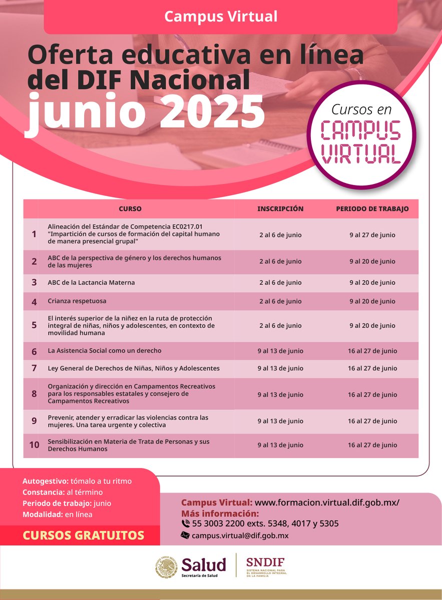 DIF_NMX's tweet photo. ¡Llega junio con nueva oferta educativa del #CampusVirtualSNDIF!

Consulta los cursos sobre DH de las mujeres, crianza respetuosa, contextos de #MovilidadHumana y #TrataDePersonas.

🗓Inscripciones: 2 de junio
➡Consulta: https://t.co/9Ne9fd6LQr
✉️Dudas: campus.virtual@dif.gob.mx https://t.co/XjsvtQAVw8