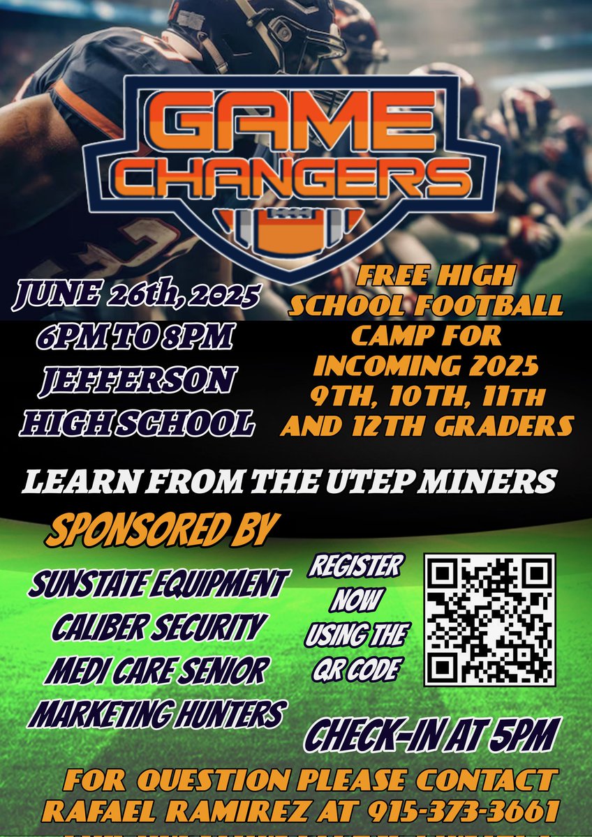 Free Football Camp at Jefferson High School. Instruction by current UTEP Football Players. Register now

forms.gle/2bs3fG15XaxUXc…