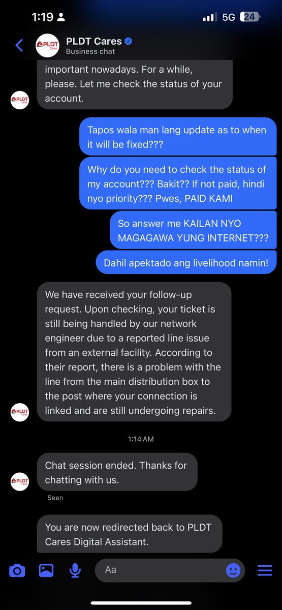 ncldtrrs's tweet photo. @PLDT_Cares ANONG PLDT CARES? MORE LIKE PLDT DOESN’T CARE! 50 minutes ako naghintay para makakuha ng exact date and time kailan marerestore services nyo tapos after 4 minutes nag-end ng chat session ahente nyo!

Pag payment concerns giyang na giyang kayo eh pero service nyo BULOK https://t.co/ct8uvrfMJw