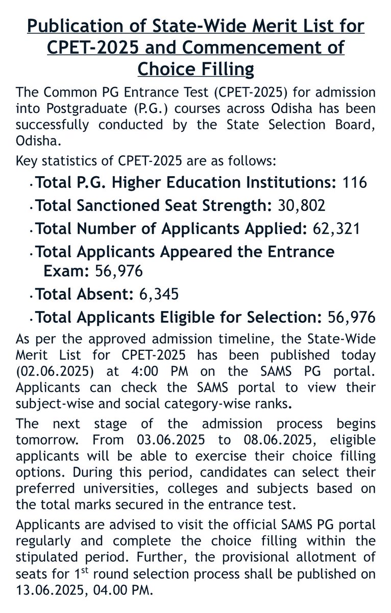 📢 CPET-2025 | Merit List Published
The state-wide merit list is now live on the SAMS PG portal.
Choice Filling begins 03 June to 08 June 2025.
Eligible candidates are advised to complete the process within the timeline.

#CPET2025 #OdishaHigherEducation #PGAdmissions