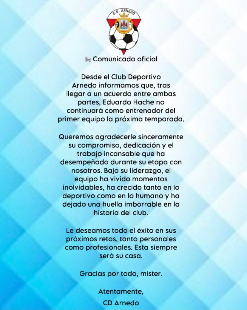 📢 Comunicado oficial

Desde el Club Deportivo Arnedo informamos que, tras llegar a un acuerdo entre ambas partes, Eduardo Hache no continuará como entrenador del primer equipo la próxima temporada.

Gracias por todo, míster.

Atentamente,

CD Arnedo