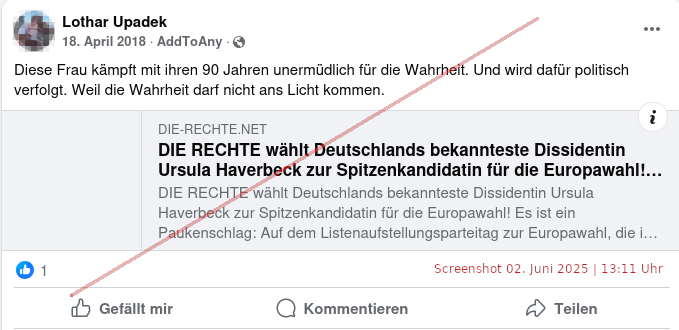 markus_mohr's tweet photo. Sie sind unvollständig informiert. Ich bin auch am 31. Mai 2025 nicht angetreten, sondern habe meinen Rückzug vor beiden Aufstellungsversammlunger erklärt. Der Grund ist u.a. die Duldung antidemokratischer Tendenzen und rechtsextremer Gesinnungen im KV-Aachen. Ich konfrontierte z.B. Kreisvorstandsmitglieder im Vorfeld der Aufstellungsversammlungen mit expliziten Beiträgen des Herrn Lothar Upadek und bat um eine Stellungnahme zu den Inhalten und eine Positionierung hinsichtlich der Einleitung von Ordnungsmaßnahmen. Zum Beispiel ging es um Ursula Haverbeck.

Frau Haverbeck wurde mehrfach rechtskräftig wegen Holocaustleugnung verurteilt, einer Straftat, die unsere Demokratie und die Erinnerung an die Opfer des Nationalsozialismus verletzt. Solche Positionen zu verharmlosen, ist inakzeptabel.

Der derzeitige stellvertretende Sprecher des Stadtverbands Eschweiler, Herr Lothar Upadek, schrieb auf Facebook: „Diese Frau kämpft mit ihren 90 Jahren unermüdlich für die Wahrheit. Und wird dafür politisch verfolgt. Weil die Wahrheit darf nicht ans Licht kommen.“ Dieser Beitrag, belegt durch den beigefügten Screenshot und bis mindestens heute Mittag öffentlich abrufbar, verharmlost Holocaustleugnung und widerspricht den Grundsätzen der AfD. Ich lehne solche Inhalte entschieden ab.

Am 15. Mai 2025 informierte ich den Kreisvorstand über diesen und weitere problematische Beiträge und forderte Maßnahmen. Eine Reaktion blieb aus. Herr Upadek wurde jedoch gestern als Kandidat für den Städteregionstag gewählt. Als langjähriges Mitglied bin ich zutiefst enttäuscht, dass solche Tendenzen toleriert werden. Sie schaden der Partei und können ein Verbotsverfahren begünstigen.

Ich bin überzeugt, dass die überwältigende Mehrheit der AfD-Wähler demokratische Werte teilt und den Ausschluss von Extremisten aus der Partei unterstützt. Mein Ziel ist es, die AfD als seriöse und demokratische Kraft zu stärken. Ich hoffe daher, dass übergeordnete Gremien im Kreisverband Aachen schnell durchgreifen und die verantwortlichen Funktionäre ausschließen.