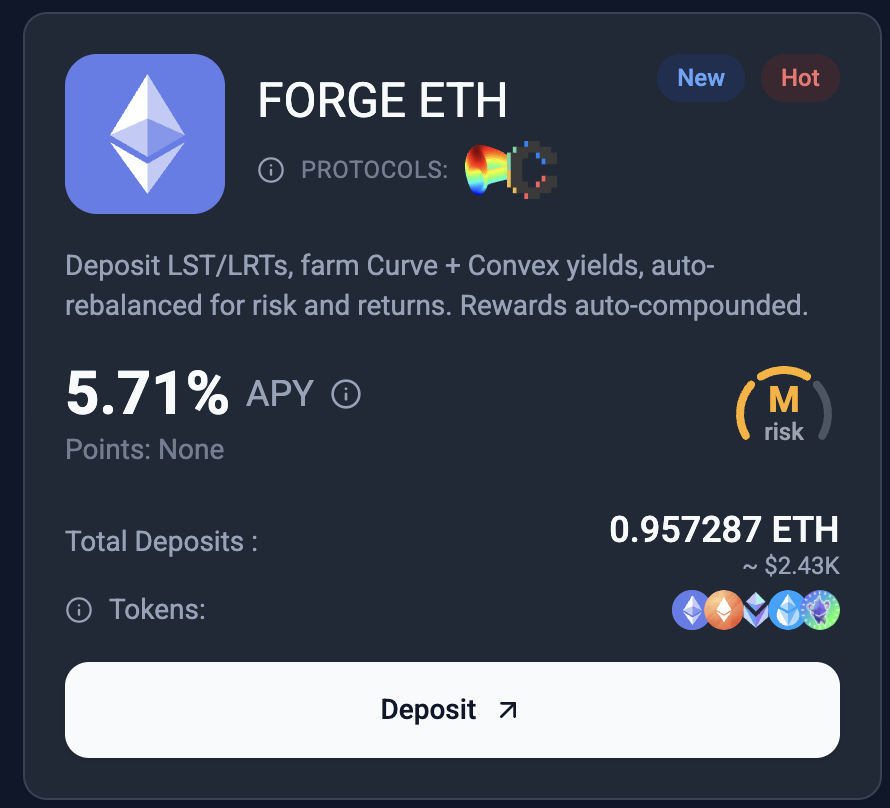 ForgeYields's tweet photo. Forge-ETH is targeting the highest base yield on @Starknet .

7% APY: over 3× more than the second-best base yield source: wstETH at 2.8%.

Built on Curve + Convex.
Auto-optimized. Auto-compounded.

👇 https://t.co/z9KuHoscDA