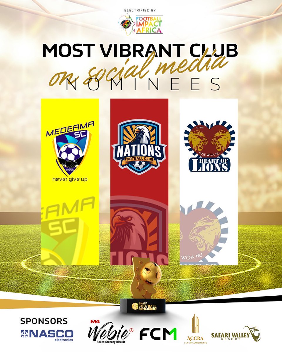 Listowel Mensah (@listo_mens) on Twitter photo ๐จGhana Football Awards <a href="/GF_Awards/">The Ghana Football Awards</a>
Most Vibrant Club on Social Media Nominees:
<a href="/MedeamaSC/">Medeama SC</a>
<a href="/nationsfcgh/">Nations Football Club</a>
<a href="/HeartOfLionsFc/">Kpando Heart Of Lions Fc</a>
#GFAwards2025 ๐จGhana Football Awards <a href="/GF_Awards/">The Ghana Football Awards</a>
Most Vibrant Club on Social Media Nominees:
<a href="/MedeamaSC/">Medeama SC</a>
<a href="/nationsfcgh/">Nations Football Club</a>
<a href="/HeartOfLionsFc/">Kpando Heart Of Lions Fc</a>
#GFAwards2025