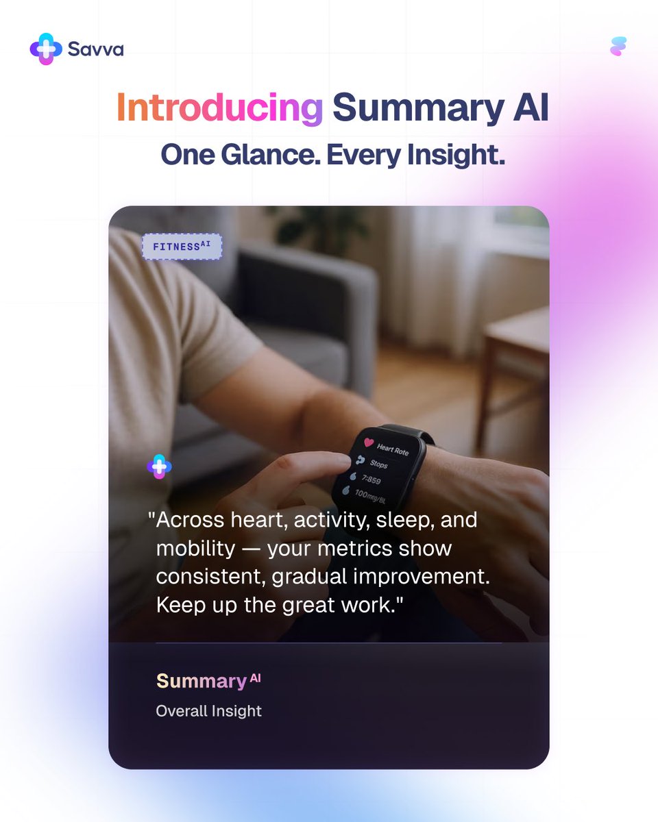 getSavva's tweet image. Tired of guessing about your health? See the clear, consistent improvements in your heart, activity, sleep, and mobility with Summary AI by Savva. Get insights that truly make a difference! #aihealthcare #digitalhealth #healthgoal #trackyourprogress #aiinsights