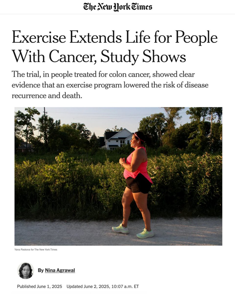 Amazing new study in the New England Journal of Medicine showing the impact of exercise for colon cancer patients, lowering the risk of recurrence of the cancer by 28% and increasing survival rates.

In fact, the effect was so large it rivaled that of cancer drugs. 

As