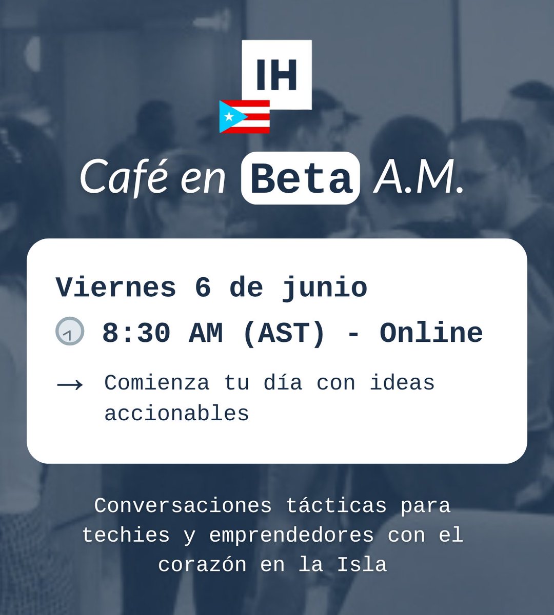 Comienza el día con comunidad, claridad y conversaciones que te empujan a construir.
Evento gratuito para techies y emprendedores con el corazón en la Isla 🇵🇷
Google Meet joining link: meet.google.com/ocr-xvra-vpp
Únete a nuestra comunidad: communityinviter.com/.../indie-hack…