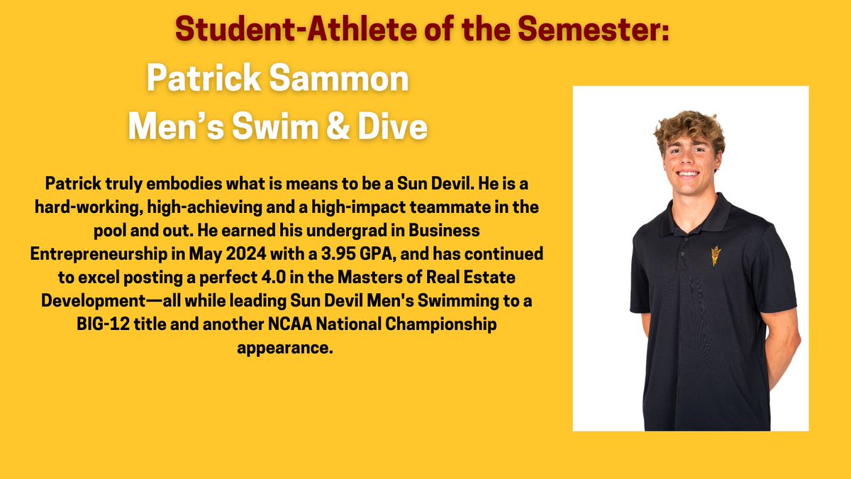 Sun Devil OSAD (@sundevil_osad) on Twitter photo Our next Sun Devil we want to recognize is our High Achieving Male for Student-Athlete of the Semester! Congrats to Patrick Sammon from <a href="/ASUSwimDive/">Sun Devil Swim/Dive</a>! Great job! <a href="/TheSunDevils/">Arizona State Sun Devils</a> #O2V Our next Sun Devil we want to recognize is our High Achieving Male for Student-Athlete of the Semester! Congrats to Patrick Sammon from <a href="/ASUSwimDive/">Sun Devil Swim/Dive</a>! Great job! <a href="/TheSunDevils/">Arizona State Sun Devils</a> #O2V