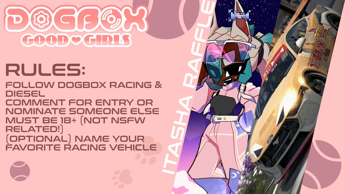 Are you a fan of Dogbox and wanted to show your support in a cute outfit? Now's your chance! Introducing the Dogbox Good Girls, our very own Grid Girl division! You can win art and an itasha the team can race on a car of your choice! Make sure to read the rules below! 🐶🩷