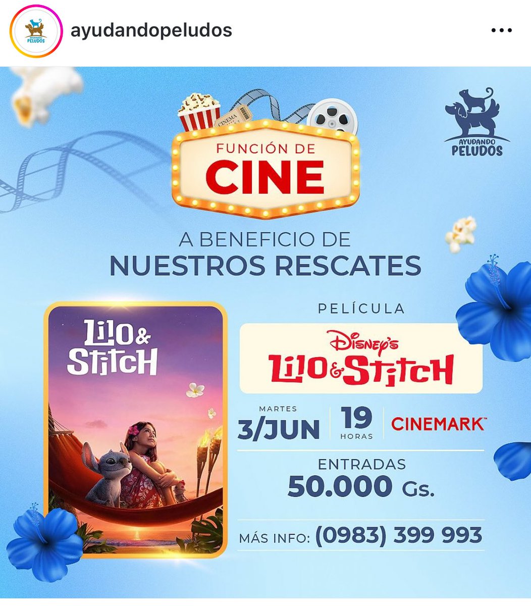 Nuestra próxima actividad a beneficio el martes 03/06 a las 19:00 hs., en Cinemark, Paseo La Galería. 
¡LA FUNCION ES EN ESPAÑOL! 
Contáctanos para comprar tus entradas al WhatsApp 0983 399 993 y/o para más información.  También nos ayudas mucho con un like, comentando o RT 🙌🏼🍿