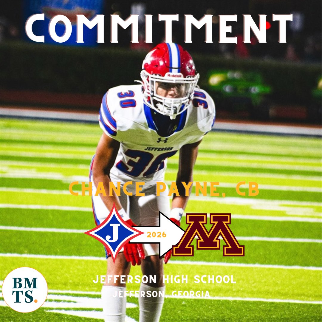 Tony Liebert (@tonyliebert) on Twitter photo BREAKING: 2026 (Jefferson, GA) CB Chance Payne (<a href="/chance_payne5/">Chance payne 3βοΈ</a>) has verbally committed to the Gophers.
Listed at 5-foot-10, 175lbs, he holds notable top offers from Wake Forest, App State and Navy. si.com/college/minnesβ¦ BREAKING: 2026 (Jefferson, GA) CB Chance Payne (<a href="/chance_payne5/">Chance payne 3βοΈ</a>) has verbally committed to the Gophers.
Listed at 5-foot-10, 175lbs, he holds notable top offers from Wake Forest, App State and Navy. si.com/college/minnesβ¦