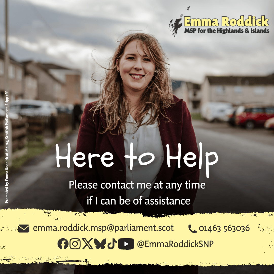 Emma Roddick MSP (@emmaroddicksnp) on Twitter photo As MSP for the Highlands and Islands, I am here to help. Contact me using the following details if I can be of assistance:
๐ง emma.roddick.msp@parliament.scot
๐ 01463 563036
๐ฎ M4.04, The Scottish Parliament, Edinburgh, EH99 1SP As MSP for the Highlands and Islands, I am here to help. Contact me using the following details if I can be of assistance:
๐ง emma.roddick.msp@parliament.scot
๐ 01463 563036
๐ฎ M4.04, The Scottish Parliament, Edinburgh, EH99 1SP
