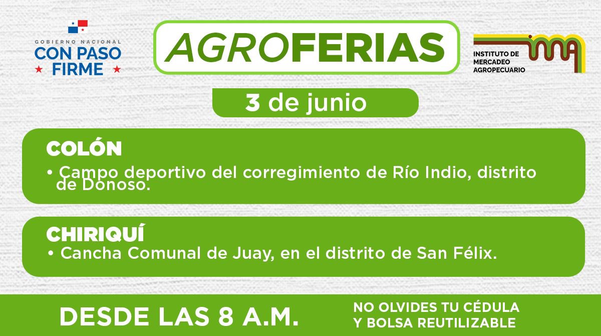 Las Agroferias del <a href="/IMA_Pma/">Instituto de Mercadeo Agropecuario</a> siguen llegando a todo el país.

Más ahorro para las familias y más apoyo al productor nacional.

Consulta el calendario para el día de mañana y acompáñanos. #ConPasoFirme🇵🇦
