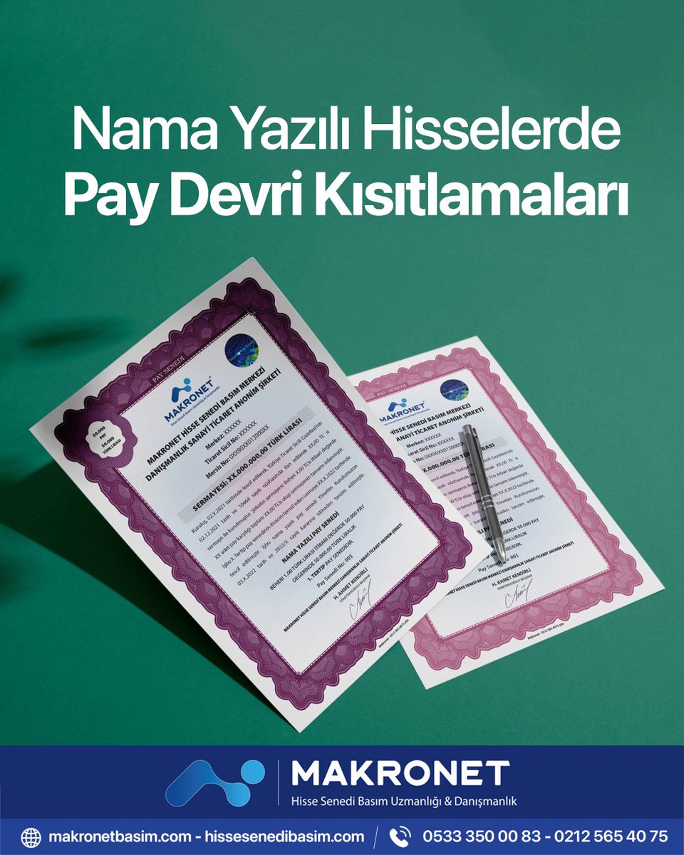 PaySenedi's tweet photo. Nama yazılı payların devri kural olarak serbesttir; ancak Türk Ticaret Kanunu uyarınca, şirket ana sözleşmesinde belirli sınırlamalar getirilebilir. 
Makronet, nama yazılı pay devirlerinde yasal süreçlere uygun, profesyonel destek sağlar! https://t.co/S6Z6hVdan2