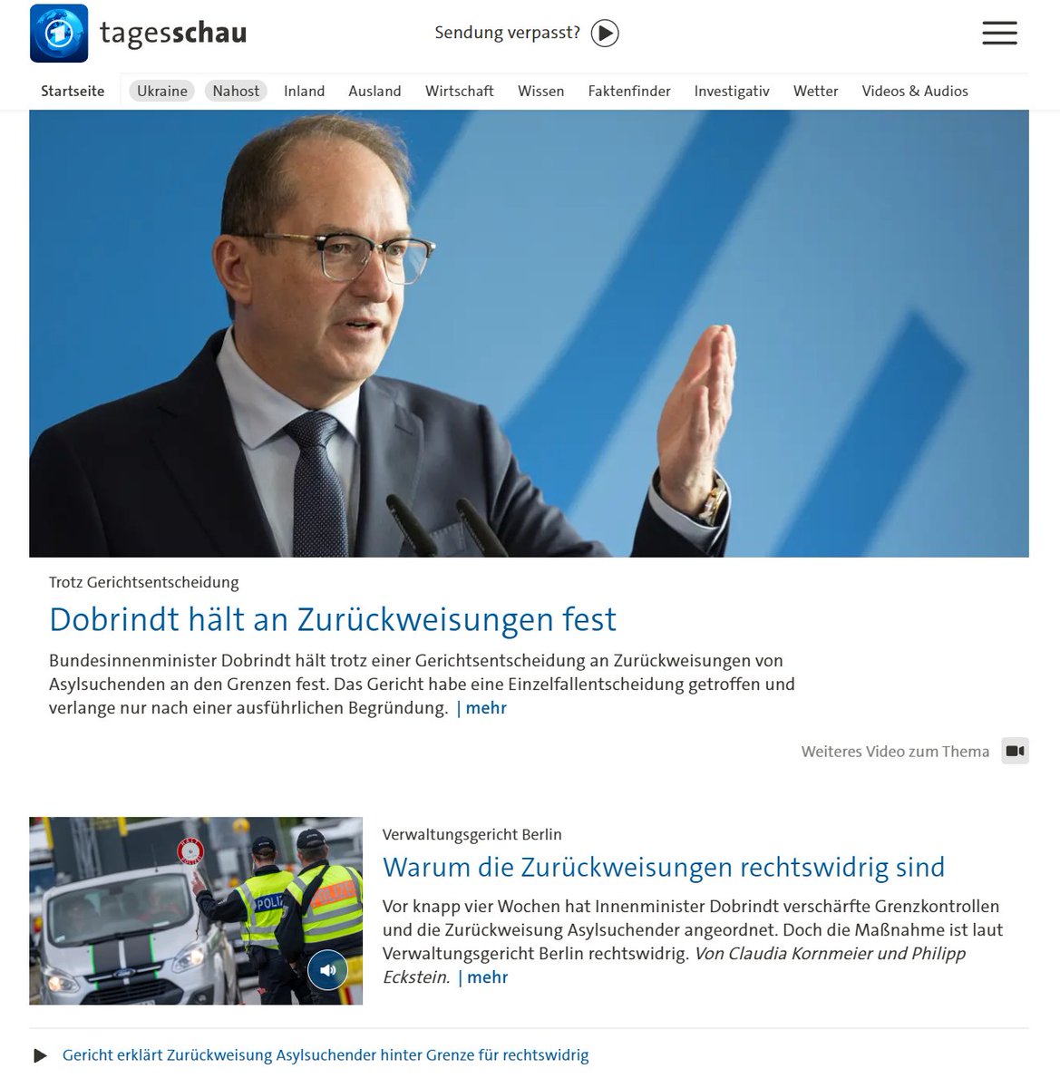 Die linken ÖRR-Redaktionen schüren - sich selbst - noch Hoffnung:
"Warum die Zurückweisungen rechtswidrig sind" 18:35 Uhr
tagesschau.de/inland/innenpo…

"Dobrindt hält an Zurückweisungen fest" 19:22 Uhr
tagesschau.de/inland/zurueck…