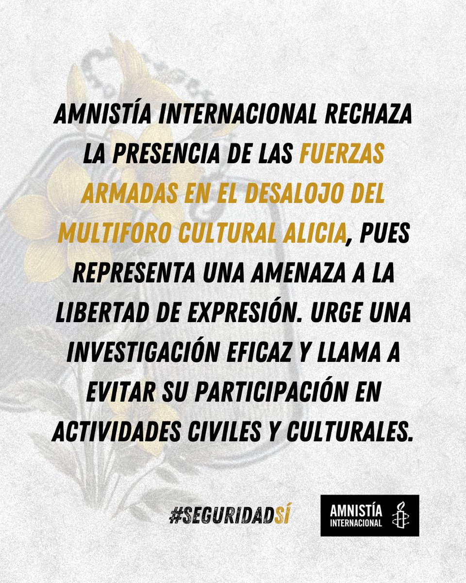 amnistiamexico's tweet photo. El pasado fin de semana, durante el concierto del músico vasco #FermínMuguruza en el Multiforo Cultural Alicia, elementos de las #FuerzasArmadas participaron en un operativo de desalojo que derivó en un despliegue innecesario de fuerza en un espacio emblemático para la cultura independiente y la libertad de expresión.
Desde Amnistía Internacional rechazamos la participación de cuerpos militares en contextos culturales. Su presencia representa una amenaza a los derechos civiles y a la libertad de expresión.
📣 Exigimos a la Dirección General de Asuntos Internos de la Secretaría de Seguridad Ciudadana (@SSPCMexico) una investigación eficaz y a las autoridades que se abstengan de involucrar a las Fuerzas Armadas en actividades de protección civil y eventos culturales.
#NoALaMilitarización #MultiforoAlicia