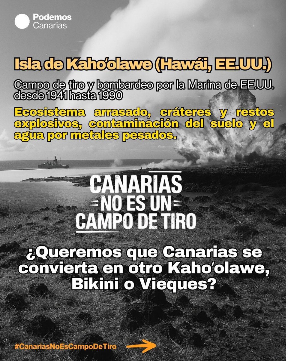 🏝️ Canarias es tierra de paz, no un campo de tiro.
No somos un polígono militar.
No queremos otro Kahoʻolawe, Bikini o Vieques.
🌊 Queremos proteger el ecosistema marino, fomentar el empleo verde y las energías limpias.
#CanariasNoEsCampoDeTiro #CanariasPorLaPaz