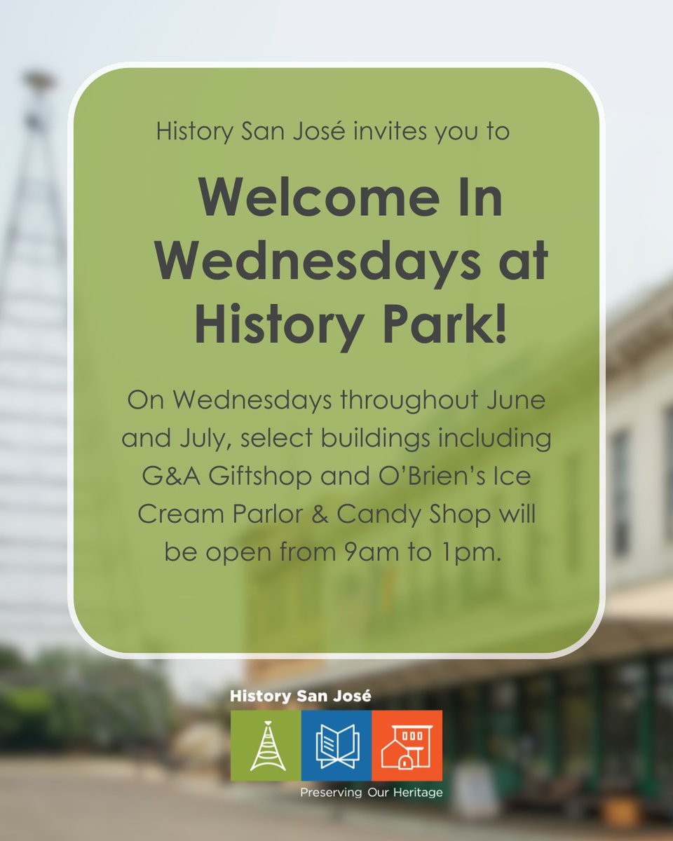 Have you ever wished that History Park's buildings were open during the week? You're in luck! For two magical months this summer, History San José invites you to Welcome In Wednesdays, where select buildings will be open from 9am to 1pm on Wednesdays.