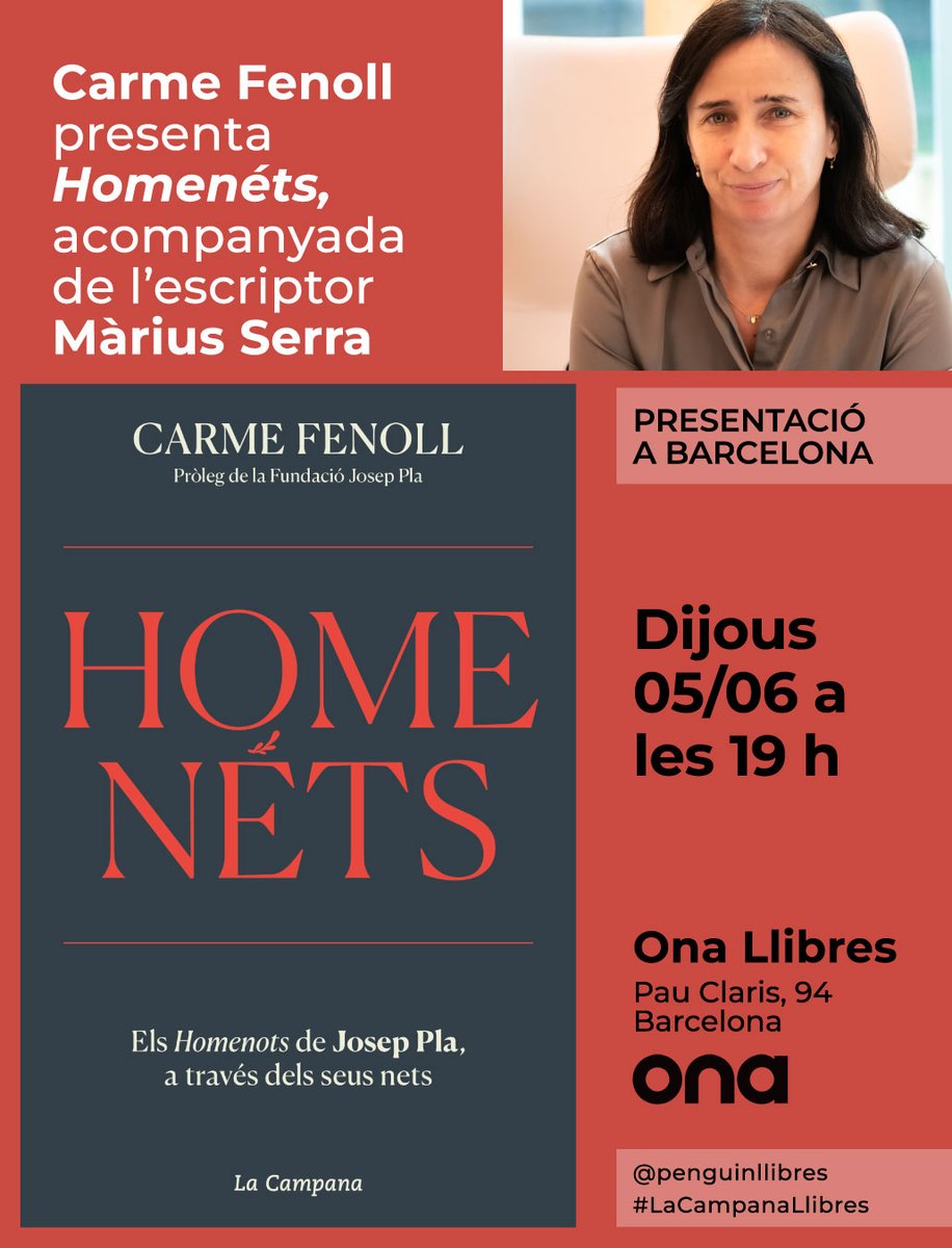 DIJOUS 5

📖 HOMENÉTS
👥 Carme Fenoll amb Màrius Serra
📍Llibreria Ona de #Barcelona
⏰ 19 h