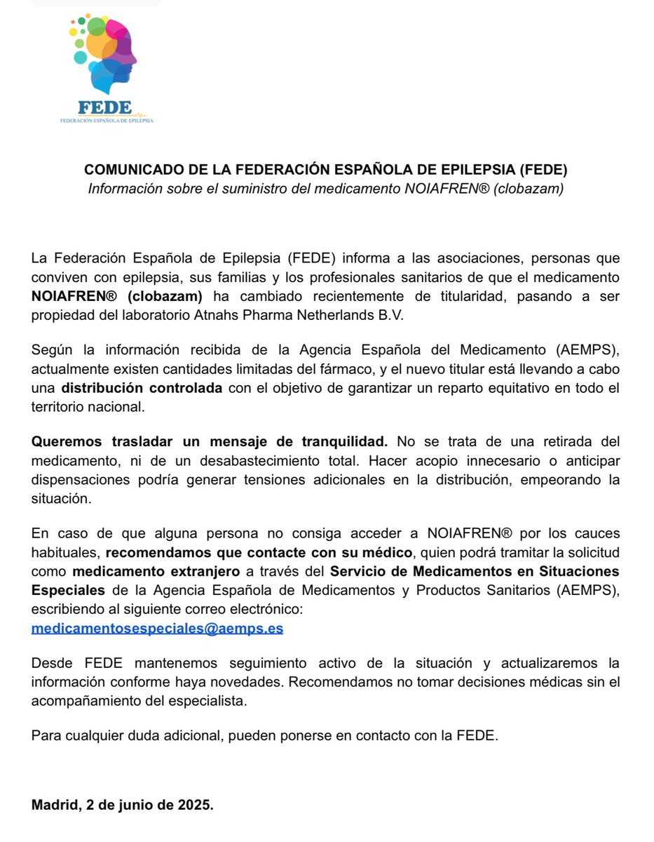 𝗖𝗢𝗠𝗨𝗡𝗜𝗖𝗔𝗗𝗢 𝗢𝗙𝗜𝗖𝗜𝗔𝗟
𝗜𝗻𝗳𝗼𝗿𝗺𝗮𝗰𝗶ó𝗻 𝘀𝗼𝗯𝗿𝗲 𝗲𝗹 𝘀𝘂𝗺𝗶𝗻𝗶𝘀𝘁𝗿𝗼 𝗱𝗲𝗹 𝗺𝗲𝗱𝗶𝗰𝗮𝗺𝗲𝗻𝘁𝗼 #𝗡𝗢𝗜𝗔𝗙𝗥𝗘𝗡® (𝗰𝗹𝗼𝗯𝗮𝘇𝗮𝗺)