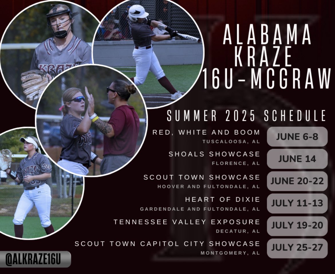 Catherine Willis (@clwillis20) on Twitter photo Here is the tournament schedule for this summer! So excited! Let’s get to work!!👏🏻<a href="/NWSCC_SB/">Northwest Shoals Softball</a> <a href="/UNASoftball/">North Alabama Softball</a> <a href="/WallaceStSB/">Wallace State Softball</a> <a href="/coachangelbrown/">Angel Brown</a> <a href="/Acozart44/">Ashley Cozart</a> <a href="/SallieB34/">Sallie Beth Burch</a> <a href="/UAB_SB/">UAB Softball</a> <a href="/nemccsoftball/">NEMCCSOFTBALL</a> <a href="/KyleParmley/">Kyle Parmley 🥎</a> <a href="/ExtraInningSB/">EXTRA INNING SOFTBALL</a> #20CatherineWillis2026 Here is the tournament schedule for this summer! So excited! Let’s get to work!!👏🏻<a href="/NWSCC_SB/">Northwest Shoals Softball</a> <a href="/UNASoftball/">North Alabama Softball</a> <a href="/WallaceStSB/">Wallace State Softball</a> <a href="/coachangelbrown/">Angel Brown</a> <a href="/Acozart44/">Ashley Cozart</a> <a href="/SallieB34/">Sallie Beth Burch</a> <a href="/UAB_SB/">UAB Softball</a> <a href="/nemccsoftball/">NEMCCSOFTBALL</a> <a href="/KyleParmley/">Kyle Parmley 🥎</a> <a href="/ExtraInningSB/">EXTRA INNING SOFTBALL</a> #20CatherineWillis2026