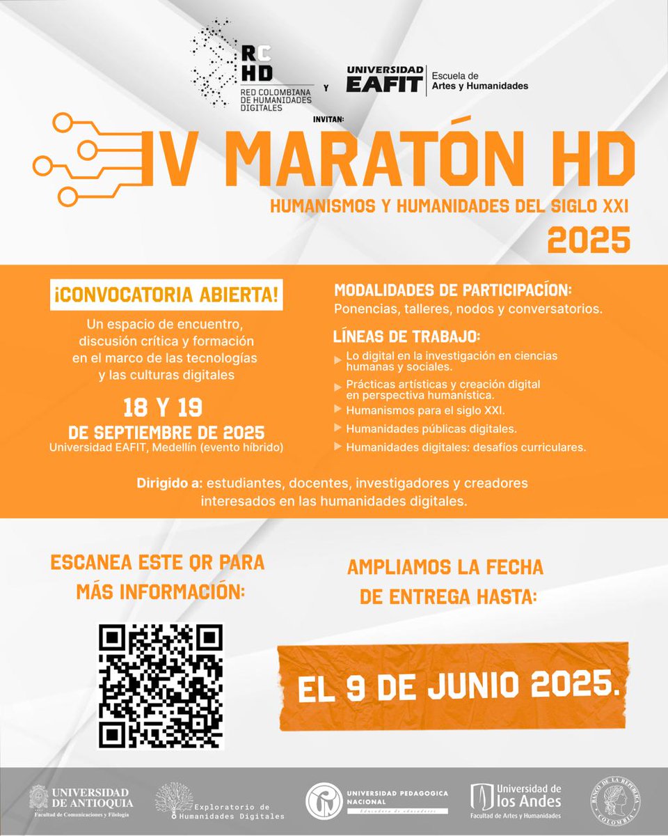 Red Colombiana de Humanidades Digitales (@rehdi_co) on Twitter photo #MaratónHD2025
Extendimos el plazo de recepción de propuestas hasta el 9 de junio
Anímate a participar en este espacio de encuentro, discusión crítica y formación acerca de las #HumanidadesDigitales
<a href="/Banrepcultural/">Banrepcultural</a>
<a href="/ArtesUniandes/">Facultad de Artes y Humanidades | Uniandes</a>
<a href="/ExploratorioHD/">Exploratorio Humanidades Digitales UdeA</a>
<a href="/EAFIT/">Universidad EAFIT</a>
<a href="/ArtesHumEAFIT/">Escuela de Artes y Humanidades EAFIT</a> #MaratónHD2025
Extendimos el plazo de recepción de propuestas hasta el 9 de junio
Anímate a participar en este espacio de encuentro, discusión crítica y formación acerca de las #HumanidadesDigitales
<a href="/Banrepcultural/">Banrepcultural</a>
<a href="/ArtesUniandes/">Facultad de Artes y Humanidades | Uniandes</a>
<a href="/ExploratorioHD/">Exploratorio Humanidades Digitales UdeA</a>
<a href="/EAFIT/">Universidad EAFIT</a>
<a href="/ArtesHumEAFIT/">Escuela de Artes y Humanidades EAFIT</a>