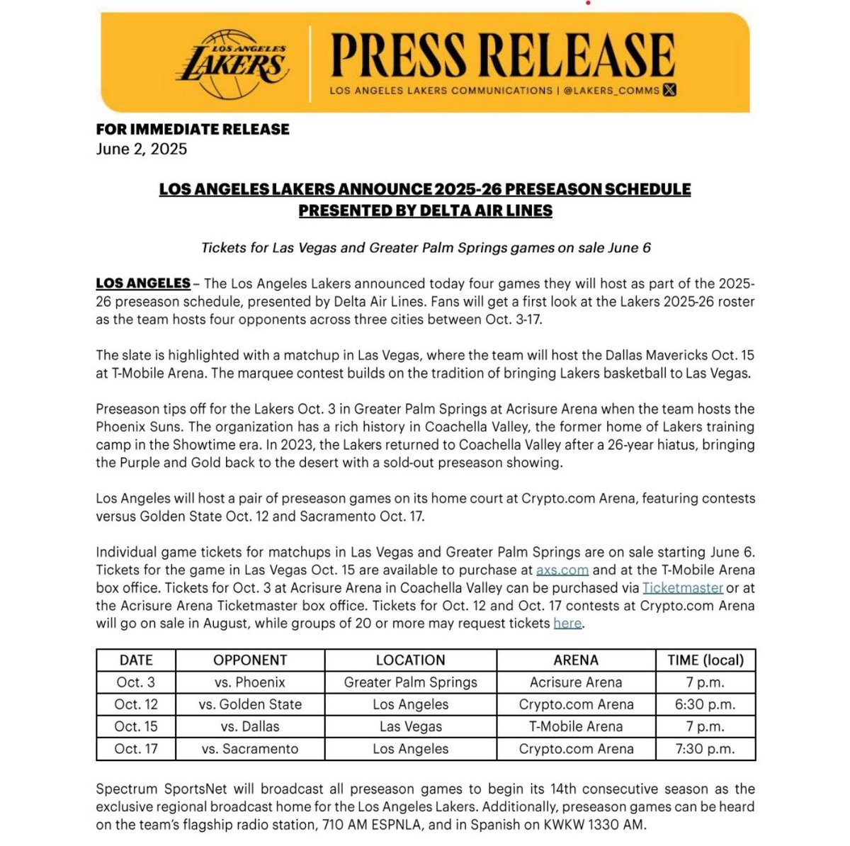 Lakers announced the home portion of their preseason schedule, detailed below: