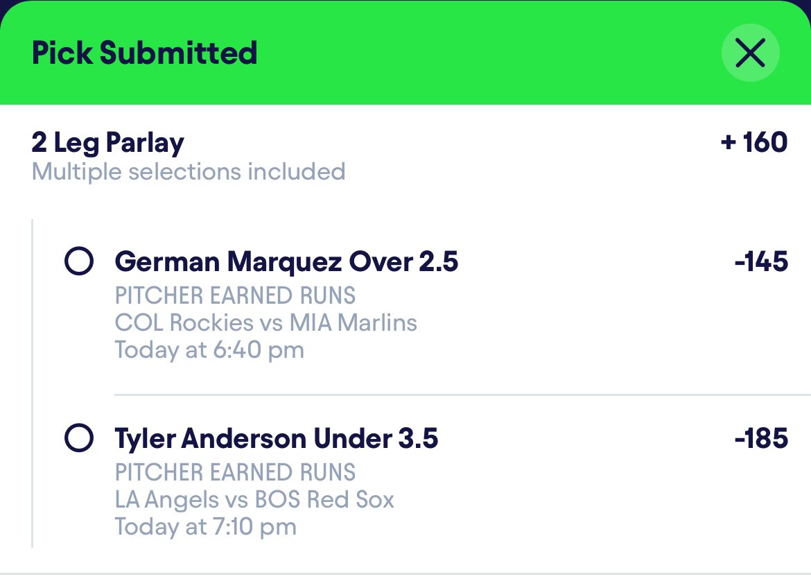 🔥 German Marquez Over 2.5 Earned Runs (-145)
COL Rockies vs. MIA Marlins @ 6:40 PM
🔥 Tyler Anderson Under 3.5 Earned Runs (-185)
LA Angels vs. BOS Red Sox @ 7:10 PM
Odds: +160 💰 Let’s cash this ticket! Who’s riding with me? #SportsGambling #bettingtwitter