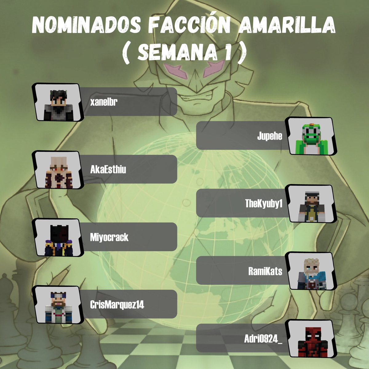 𝖭𝝤𝝡𐌉𝖭𝖠𝖣𝝤𝗦 𝗦𝗘𝝡𝖠𝖭𝖠 𝟭

🔴 Facción Roja 🔴
The Santy, XamL, Edward, Maximilo, Zack, Neja, Isden y Gatogamersolo 

🟡 Facción Amarilla 🟡
Xane, Jupehe, Estiu, Kyubi, Miyo, Ramikats, CrisMarquez y Adri

🔵 Facción Azul 🔵
Pokaxus, Jorgemaster, Naiker, Nearsser, Flipi,