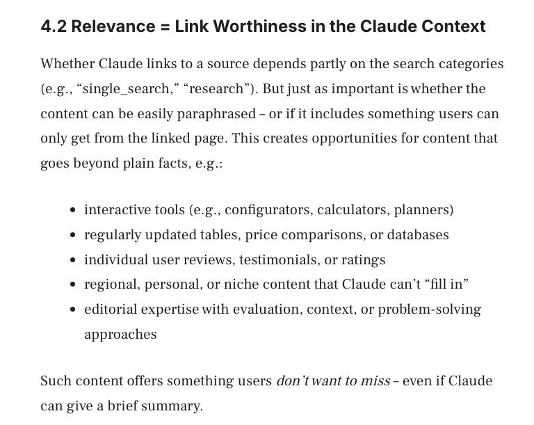 Cyrus (@cyrusshepard) on Twitter photo How to get links in AI search?
A recent leak of Claude's system prompt shows how likely it is to research + include links to specific sites
Terrific summary via <a href="/HannsKronenberg/">Hanns Kronenberg</a>
"Whether Claude links to a source depends partly on the search categories ... but just as How to get links in AI search?
A recent leak of Claude's system prompt shows how likely it is to research + include links to specific sites
Terrific summary via <a href="/HannsKronenberg/">Hanns Kronenberg</a>
"Whether Claude links to a source depends partly on the search categories ... but just as