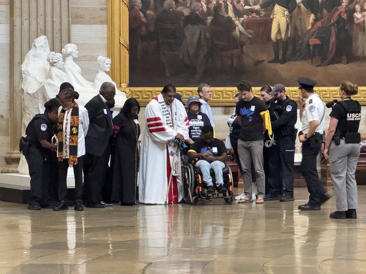 BREAKING: Clergy/faith-led Moral Monday protesters — including Rev. William Barber — have once again been arrested while praying in the U.S. Capitol Rotunda, this time including several wheelchair users.

The group is decrying cuts to healthcare programs in the GOP budget bill.
