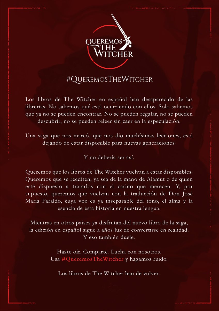 Kike Silver (@kikelord1989) on Twitter photo Desde hace años, es imposible conseguir en español los libros de la saga de "The Witcher". Una saga que conquistó el corazón de muchos merece volver a nuestras librerías.
Podéis ayudar siguiendo a los amigos de <a href="/QueremosWitcher/">Queremos The Witcher</a> y usando el hastag #QueremosTheWitcher Desde hace años, es imposible conseguir en español los libros de la saga de "The Witcher". Una saga que conquistó el corazón de muchos merece volver a nuestras librerías.
Podéis ayudar siguiendo a los amigos de <a href="/QueremosWitcher/">Queremos The Witcher</a> y usando el hastag #QueremosTheWitcher
