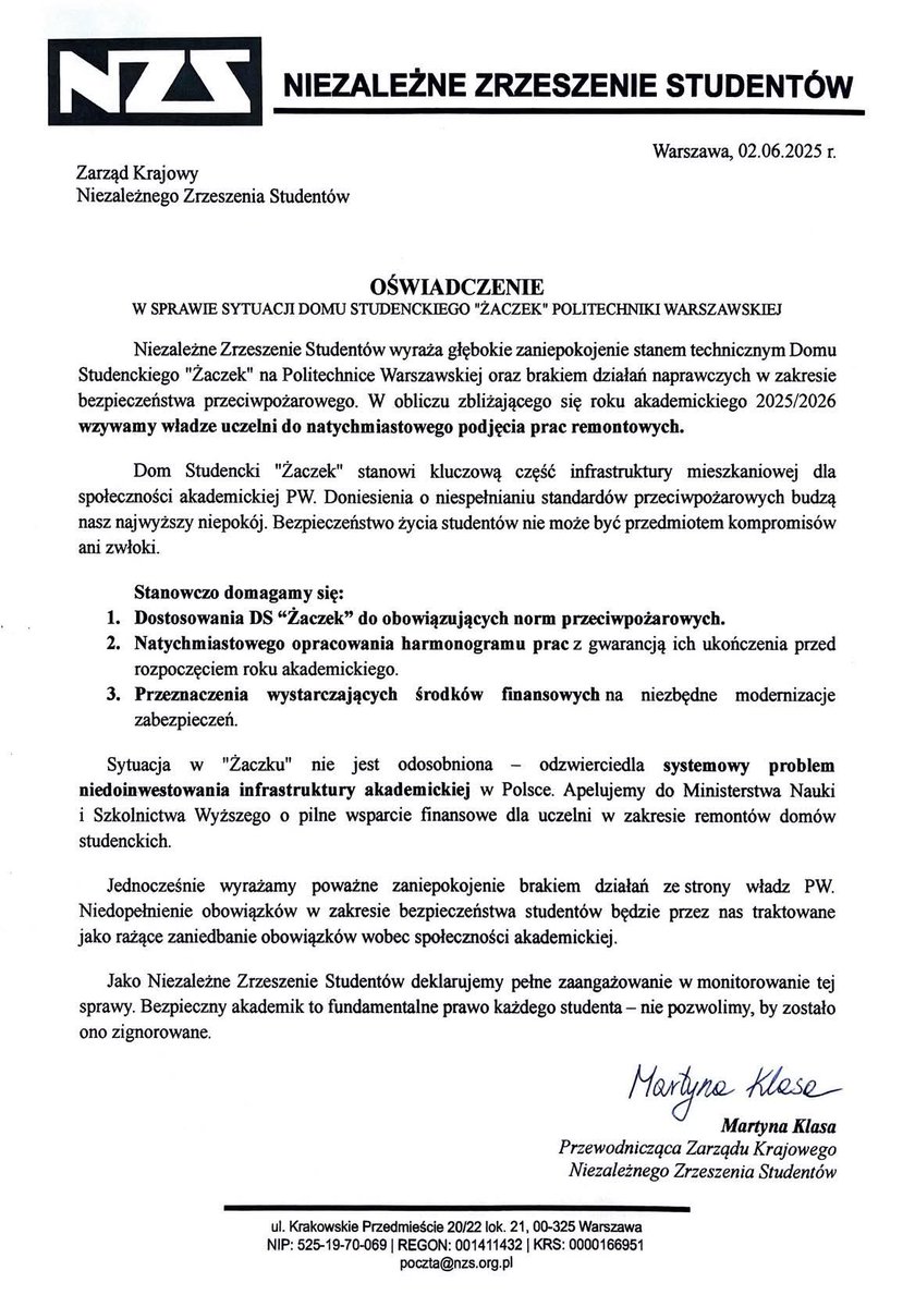 Niezależne Zrzeszenie Studentów (@nzsorg) on Twitter photo ‼️OŚWIADCZENIE NIEZALEŻNEGO ZRZESZENIA STUDENTÓW W SPRAWIE SYTUACJI DOMU STUDENCKIEGO „ŻACZEK” POLITECHNIKI WARSZAWSKIEJ‼️
<a href="/PW_edu/">Politechnika Warszawska</a>
<a href="/psrporgpl/">Parlament Studentów RP</a>
<a href="/MNiSW_GOV__PL/">Ministerstwo Nauki i Szkolnictwa Wyższego</a>
<a href="/MarcinKulasek/">Marcin Kulasek</a>
<a href="/KRASP_pl/">KRASP</a> ‼️OŚWIADCZENIE NIEZALEŻNEGO ZRZESZENIA STUDENTÓW W SPRAWIE SYTUACJI DOMU STUDENCKIEGO „ŻACZEK” POLITECHNIKI WARSZAWSKIEJ‼️
<a href="/PW_edu/">Politechnika Warszawska</a>
<a href="/psrporgpl/">Parlament Studentów RP</a>
<a href="/MNiSW_GOV__PL/">Ministerstwo Nauki i Szkolnictwa Wyższego</a>
<a href="/MarcinKulasek/">Marcin Kulasek</a>
<a href="/KRASP_pl/">KRASP</a>