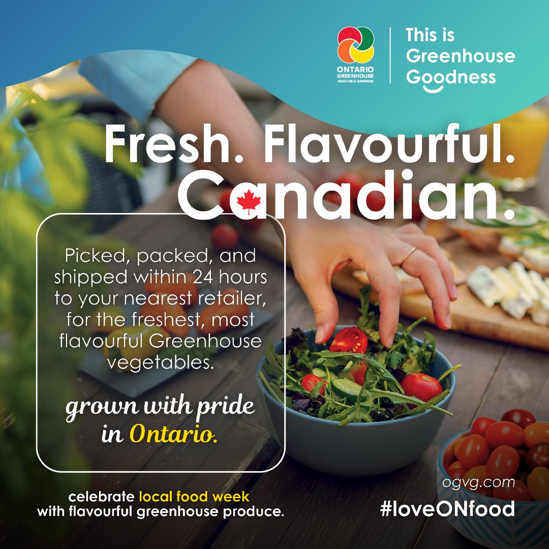 It’s #LocalFoodWeek in Ontario!
From crunchy cucumbers &amp; sweet tomatoes to crisp peppers, choosing local means choosing fresh. <a href="/ONgreenhouseVeg/">OGVG</a> is celebrating the hardworking greenhouse growers who keep us stocked with delicious homegrown vegetables all year long. #loveONfood