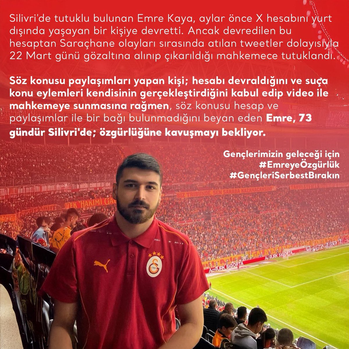 Yapmadığı bir şeyden dolayı içeriye alındı. Yapılan hukuksuzluğa sessiz kalmak bizim ayıbımız olur. #EmreyeÖzgürlük