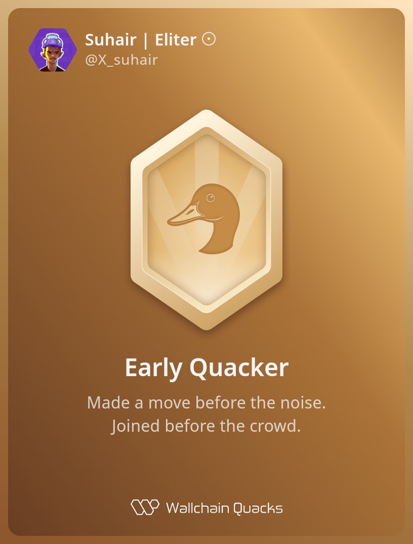 Suhair | Eliter ⨀ (@x_suhair) on Twitter photo Just unlocked the Early Quacker on <a href="/wallchain_xyz/">Wallchain Quacks</a> 🏆
How cool is that?
Feels great to have my contributions recognized.
How’s Wallchain Quacks been treating you so far?
Not on board yet? Drop a comment for an invite 👇🦆 Just unlocked the Early Quacker on <a href="/wallchain_xyz/">Wallchain Quacks</a> 🏆
How cool is that?
Feels great to have my contributions recognized.
How’s Wallchain Quacks been treating you so far?
Not on board yet? Drop a comment for an invite 👇🦆