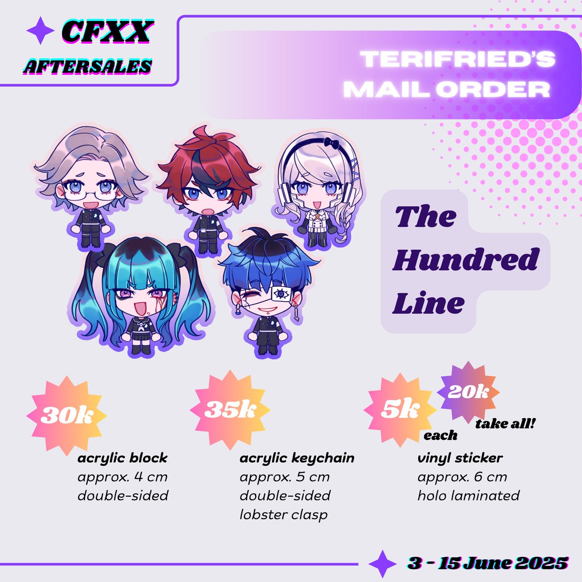terifried's tweet photo. RTs and likes are very appreciated ‼️
Here's my #CFXX Aftersale &amp; Mail Order Catalog 

✨ honkai star rail / genshin / the hundred line / umineko
📅 PO period: 3 - 15 June 2025 
📦 Shipping starts approx. July 2025
🔗 Link https://t.co/F5RF6AlTOY

#CFXXcatalog #CFXXaftersale https://t.co/qPkcT3zT4J