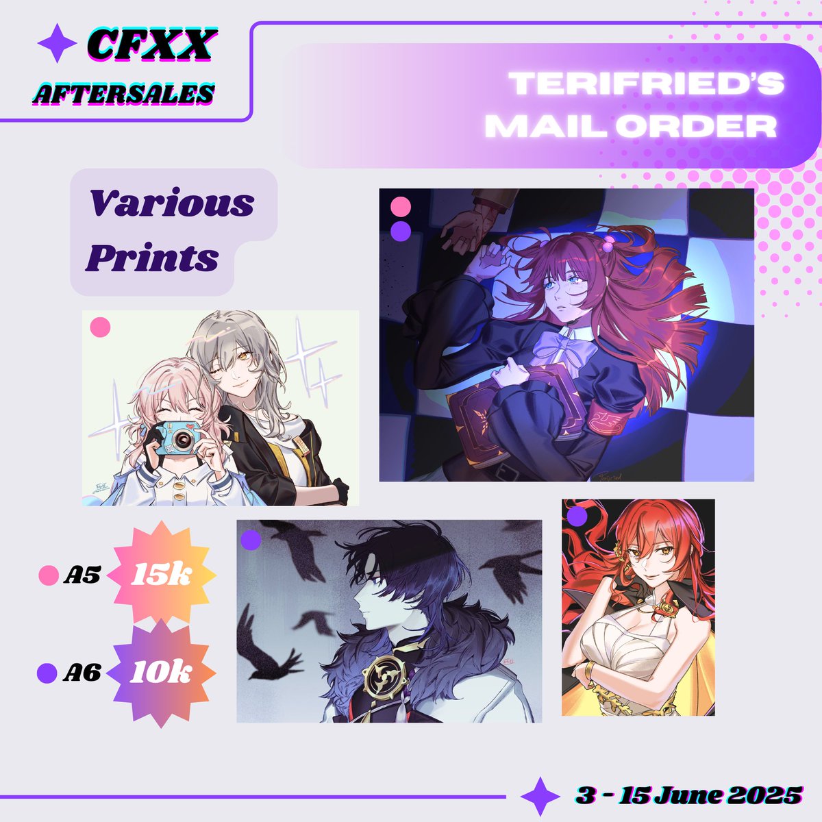 terifried's tweet photo. RTs and likes are very appreciated ‼️
Here's my #CFXX Aftersale &amp; Mail Order Catalog 

✨ honkai star rail / genshin / the hundred line / umineko
📅 PO period: 3 - 15 June 2025 
📦 Shipping starts approx. July 2025
🔗 Link https://t.co/F5RF6AlTOY

#CFXXcatalog #CFXXaftersale https://t.co/qPkcT3zT4J