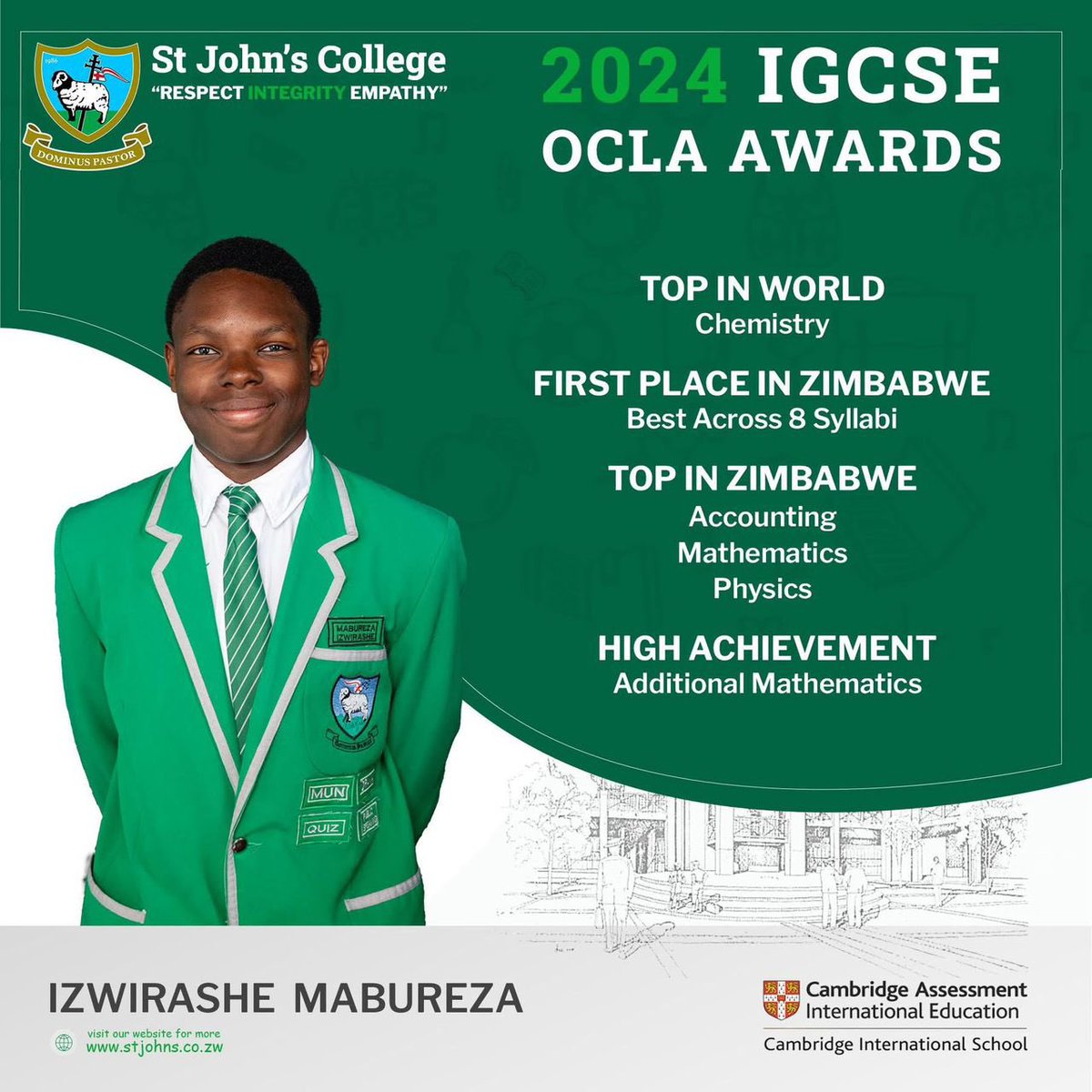A massive congratulations to Zimbabwe's young academic stars. Izwirashe Mabureza tops the world in Chemistry &amp; Kimberly Kaseke excels as Top in Business Studies, Zimbabwe is proud, and I bet your families are prouder.