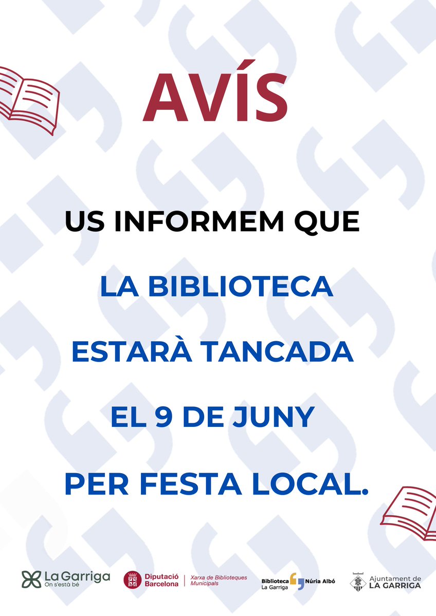 Biblioteca La Garriga (@bibliolagarriga) on Twitter photo 📢📚Veniu a la #bibliolagarriga els propers dies? Tingueu en compte els horaris de la propera setmana, amb un festiu local. <a href="/ajlagarriga/">Ajuntament de la Garriga 🎗️</a> <a href="/XavGotaneg/">Xavier Gotanegra Ruiz</a> <a href="/bibliotequesXBM/">BibliotequesXBM</a> 📢📚Veniu a la #bibliolagarriga els propers dies? Tingueu en compte els horaris de la propera setmana, amb un festiu local. <a href="/ajlagarriga/">Ajuntament de la Garriga 🎗️</a> <a href="/XavGotaneg/">Xavier Gotanegra Ruiz</a> <a href="/bibliotequesXBM/">BibliotequesXBM</a>