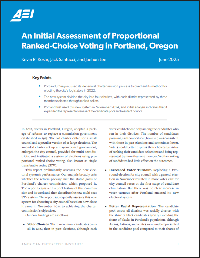 Kevin R Kosar (@kevinrkosar) on Twitter photo FYI: <a href="/jacksantucci/">Jack Santucci</a>, <a href="/jaehunalee/">Jaehun Lee</a>, and I just published this new @aei report. What were reformers trying to achieve by restructuring elections? Did they succeed?
Read all about it: aei.org/research-produ… FYI: <a href="/jacksantucci/">Jack Santucci</a>, <a href="/jaehunalee/">Jaehun Lee</a>, and I just published this new @aei report. What were reformers trying to achieve by restructuring elections? Did they succeed?
Read all about it: aei.org/research-produ…
