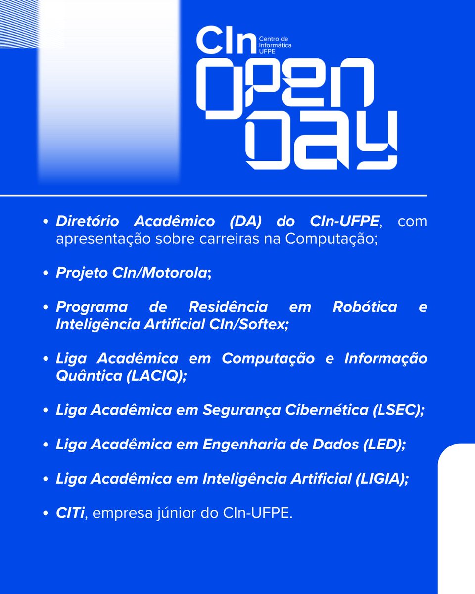 📢 Confira a programação do CIn-UFPE Open Day 2025 que acontece no próximo sábado (7)!

Continue ligado nas nossas redes sociais e no site do CIn-UFPE para mais atualizações!