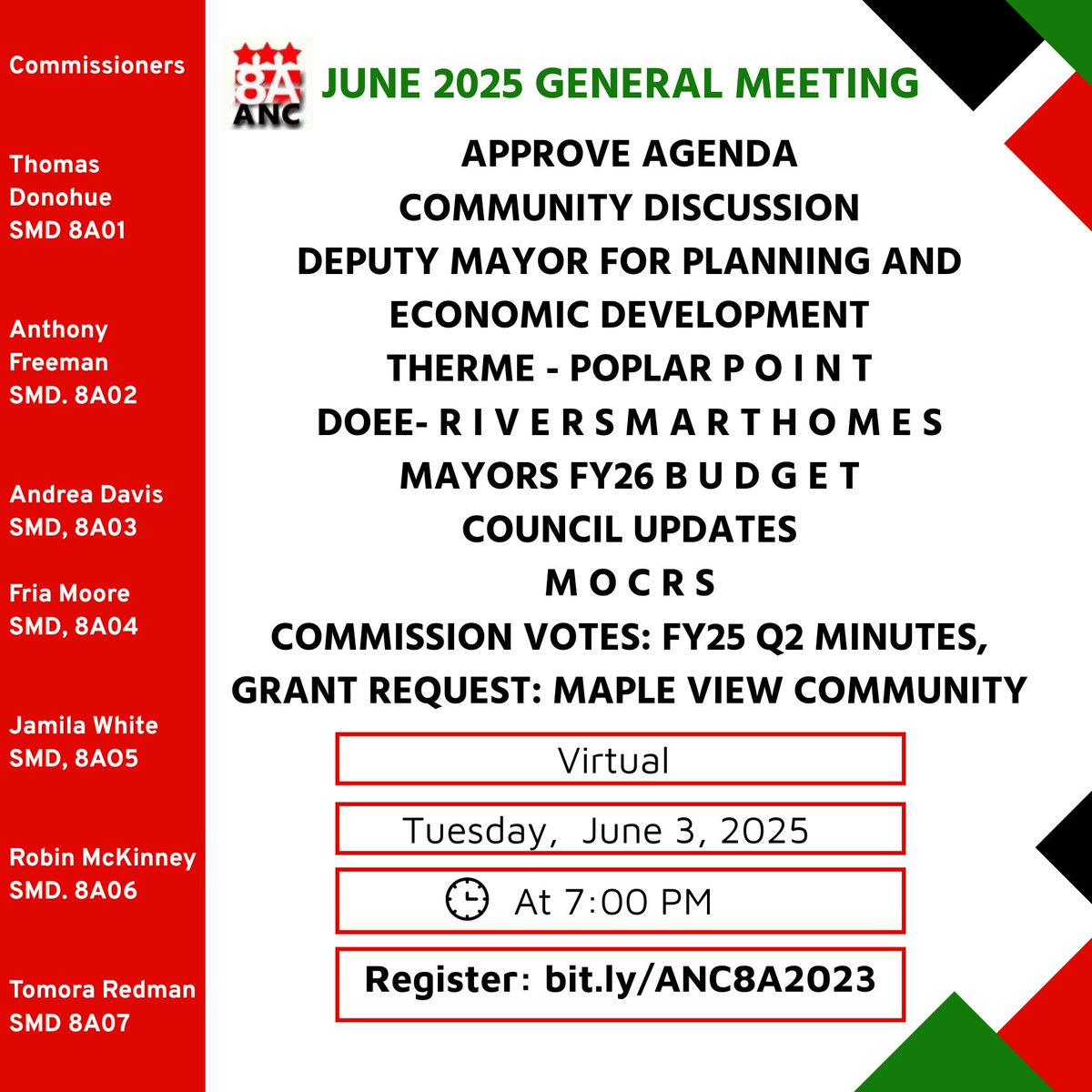 Join 8A tomorrow for the June meeting to discuss development in Anacostia and Greater Ward 8!